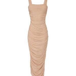 SHEIN Tan Ruched Midi Dress